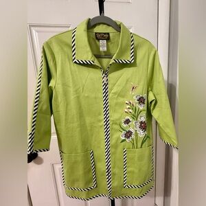Bob Mackie Vintage Lime Green Jacket Striped Trim Embroidered Flowers Eclectic